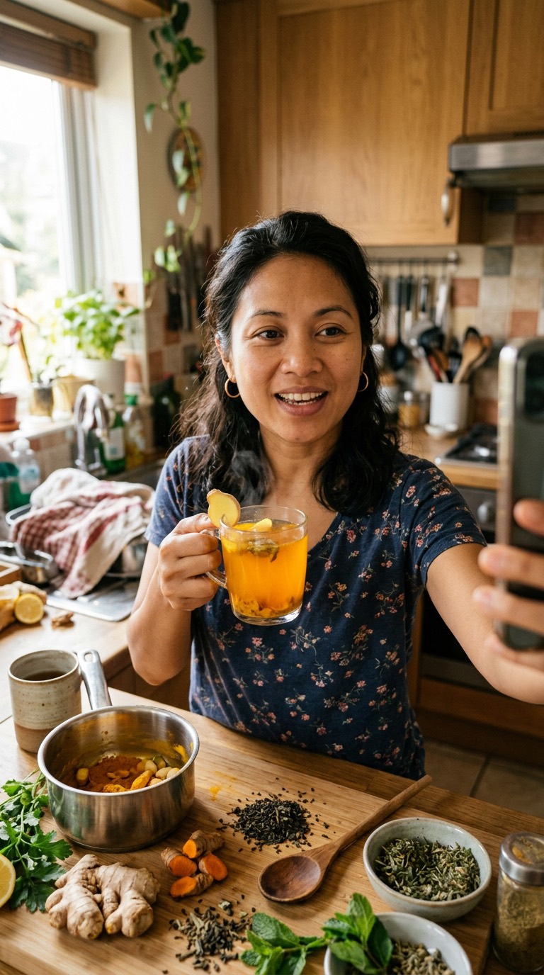 Illustration: a woman holding a glass of herbal drink