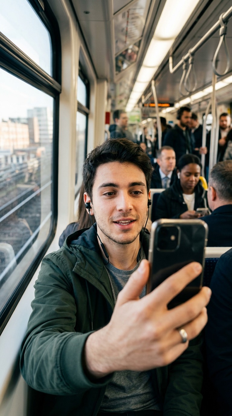 Illustration: a commuter talking to the camera on a train