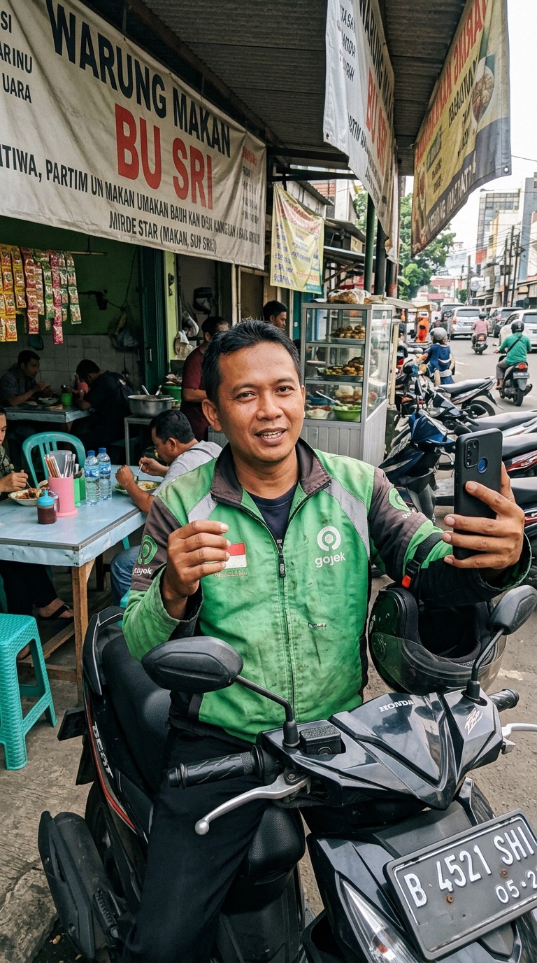 Illustration: an ojek driver talking to the camera