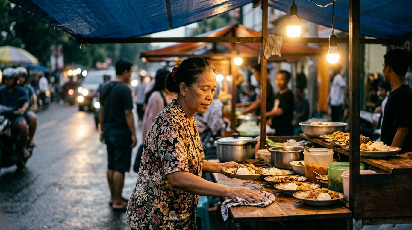 Pemilik warung merapikan meja di sore hari