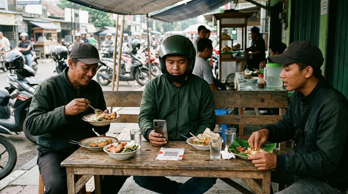 Tiga pengemudi ojek makan siang di bangku warung