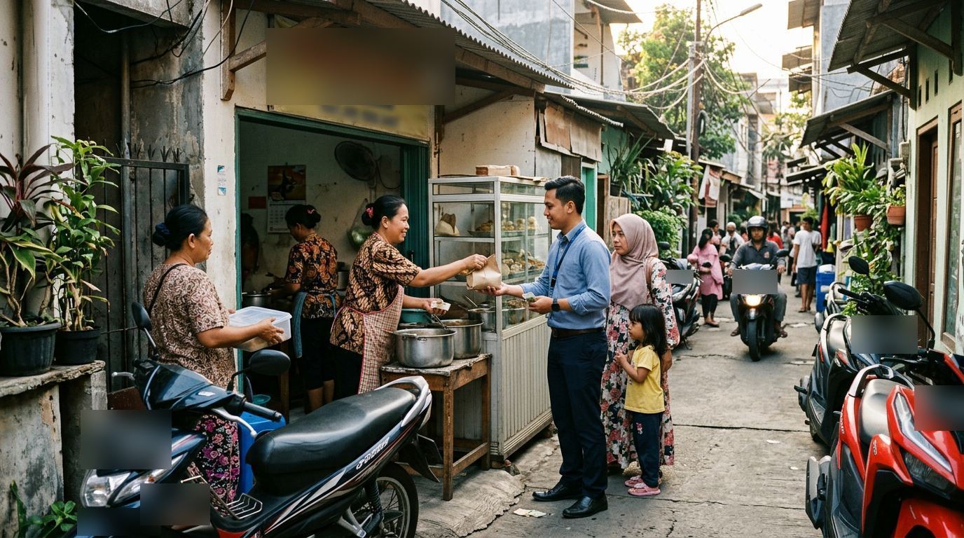 Antrean pembeli di warung gang pada siang hari