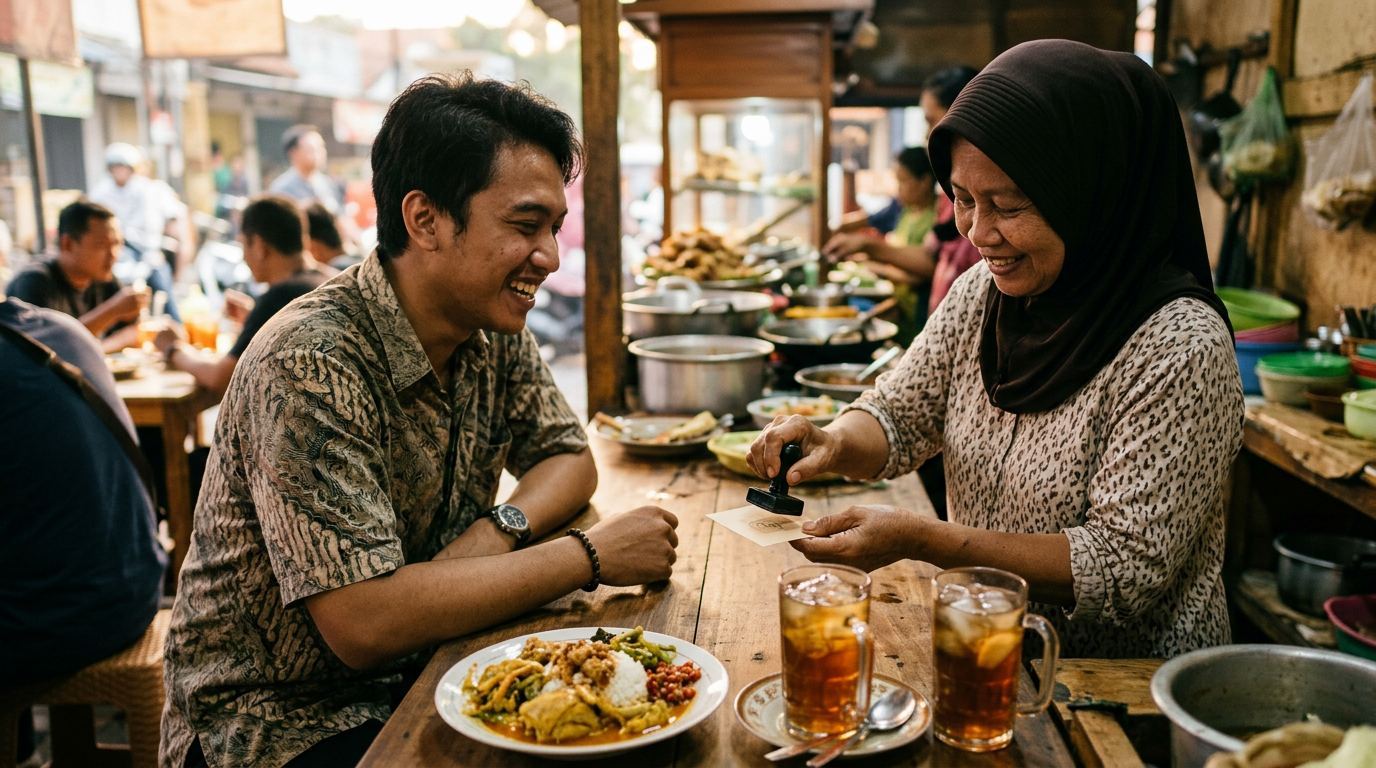 Pembeli langganan berbincang dengan pemilik warung