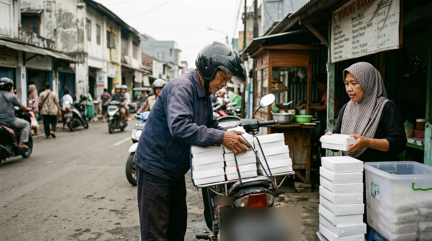 Pengemudi memuat tumpukan nasi kotak ke motor