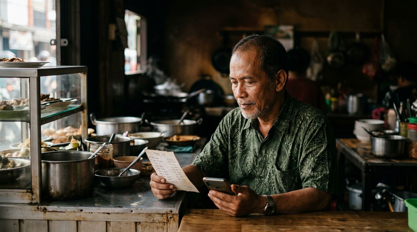 Pemilik warung memeriksa daftar harga di balik meja